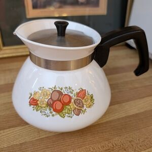Corningware White Coffee Carafe with Orange and Brown Fruit Floral Motif